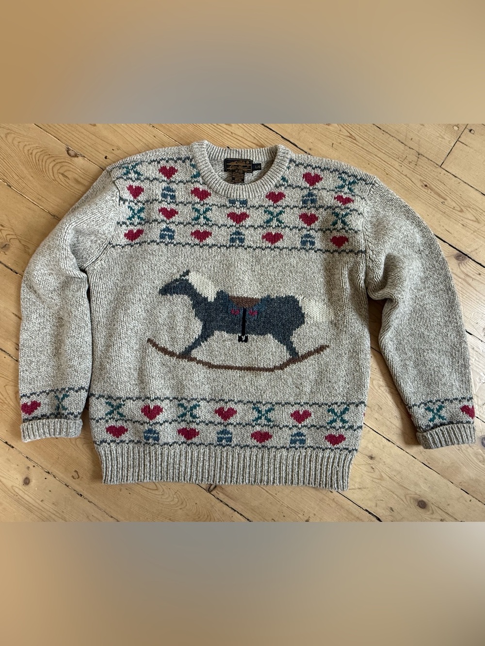 VTG Eddie Bauer wool 90s Cottage Core Granny sweater Sz L Rocking Horse Grandpa